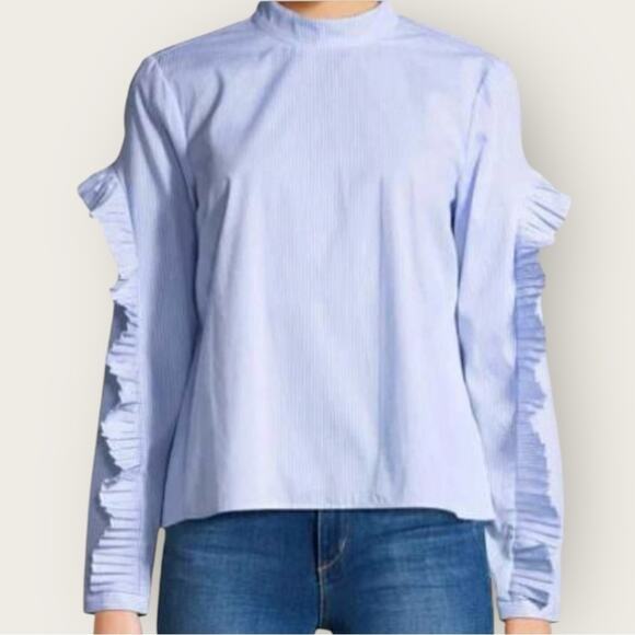 NWOT | Avec Les Filles | High Neck Ruffle Sleeve Blouse | Blue | Small - Picture 1 of 16